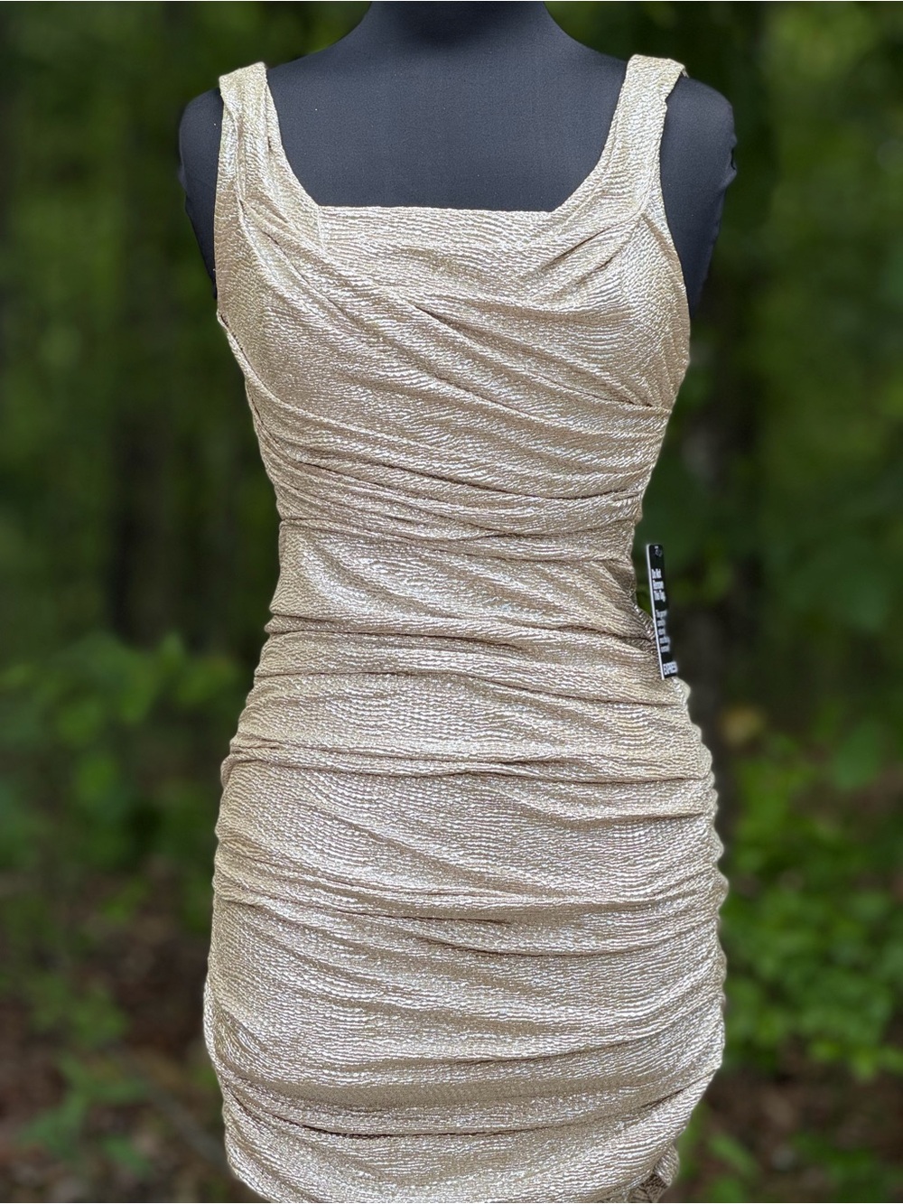 Express Metallic Champagne Ruched Mini Dress